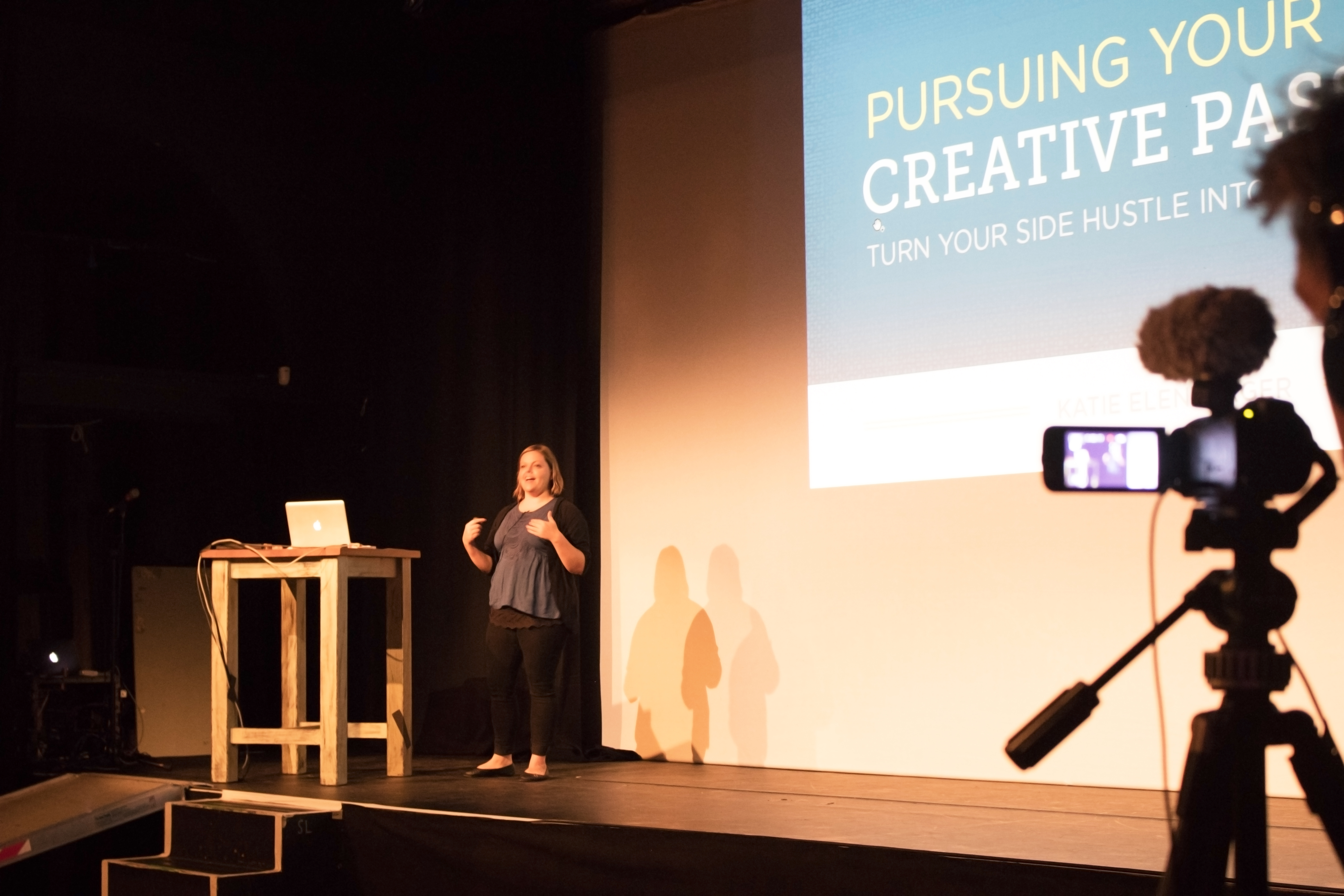 Katie Elenberger on stage at WordCamp Brighton 2017